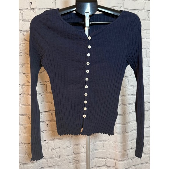 Free People Tilly Ribbed Button Down Top Navy Blue XL - Picture 2 of 5